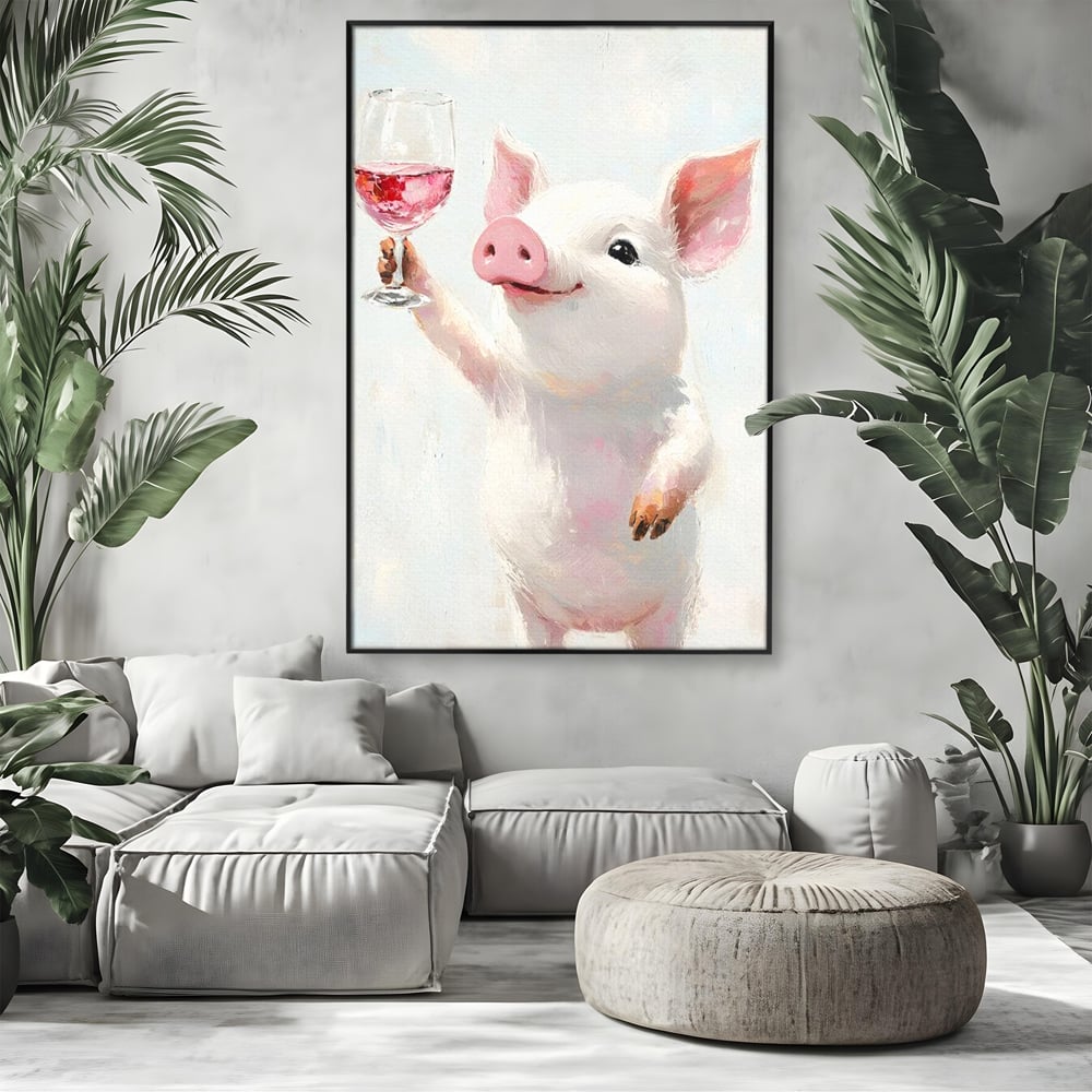 Tablou canvas cu tablou canvas cu purcelus si pahar de vin, in rama de aluminiu negru, pe perete intr-un living
